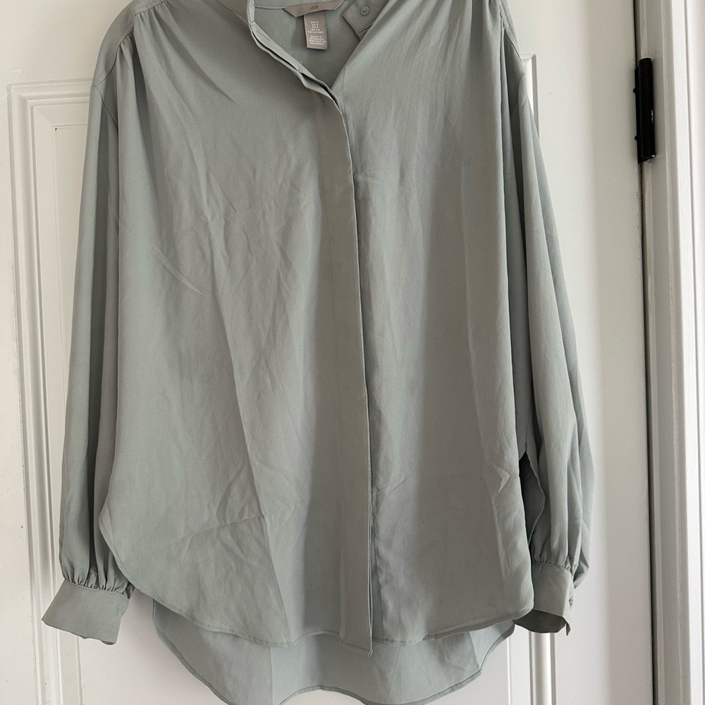H&M Mint Green High/Low Long Sleeve Blouse with Mandarin Collar